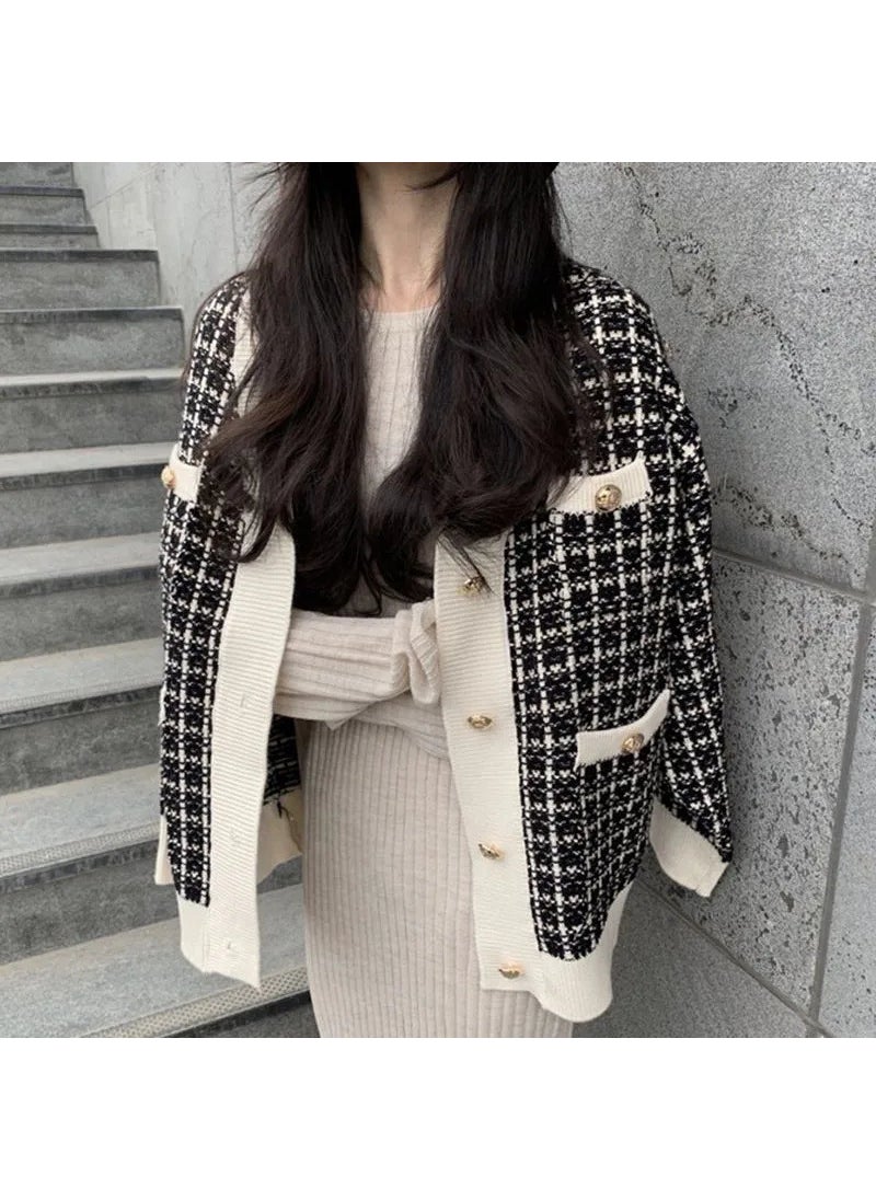 Simple Contrast Plaid Womens Sweater White collar [high quality]