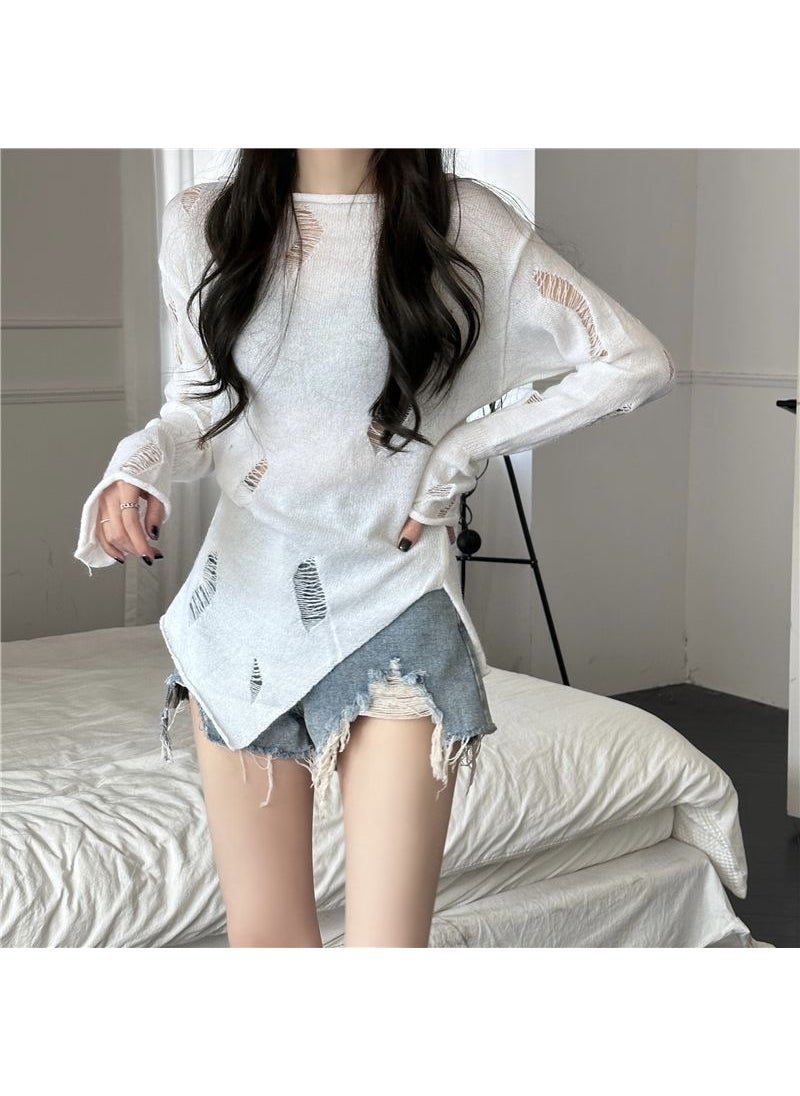 2024 Sheer Desire Cut-out Knit Top Womens Spring Slim Fit Long Sleeve Split Sweater White [counter quality]