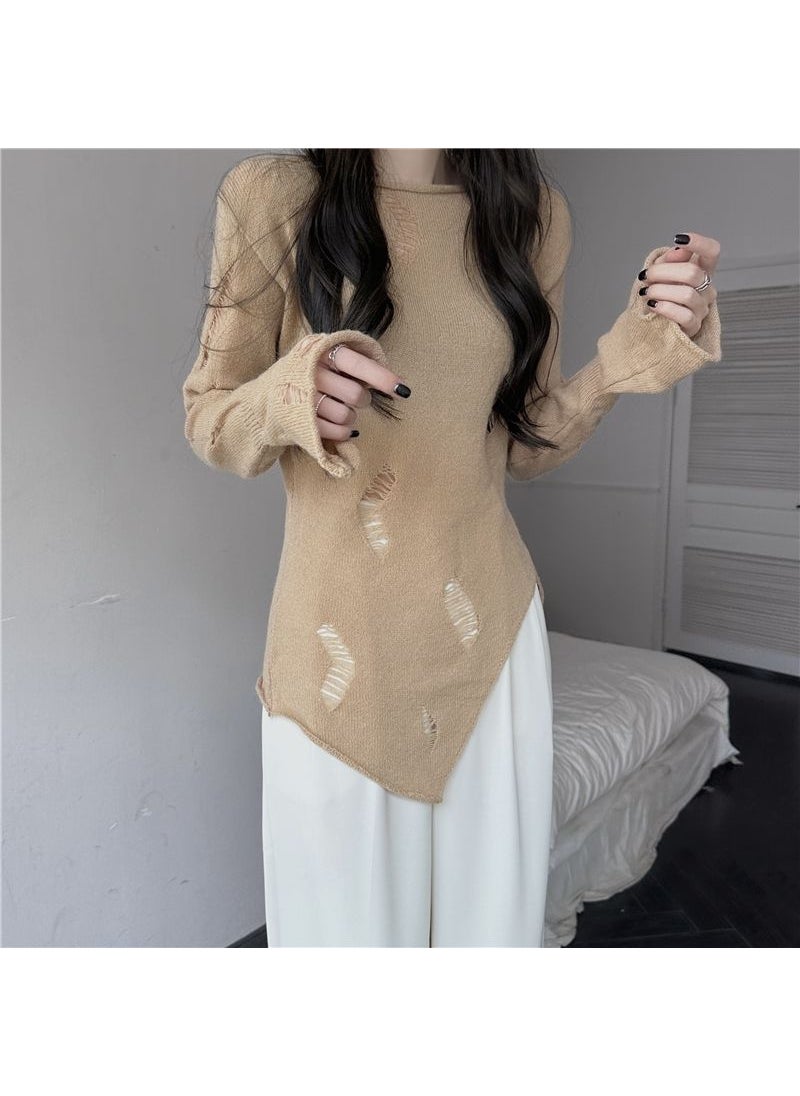 2024 Sheer Desire Cut-out Knit Top Womens Spring Slim Fit Long Sleeve Split Sweater Khaki [counter quality]