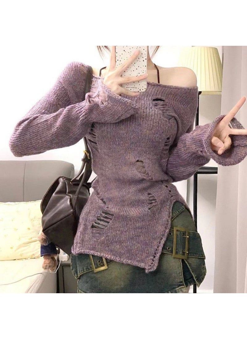 2024 Sheer Desire Cut-out Knit Top Womens Spring Slim Fit Long Sleeve Split Sweater Purple [counter quality]