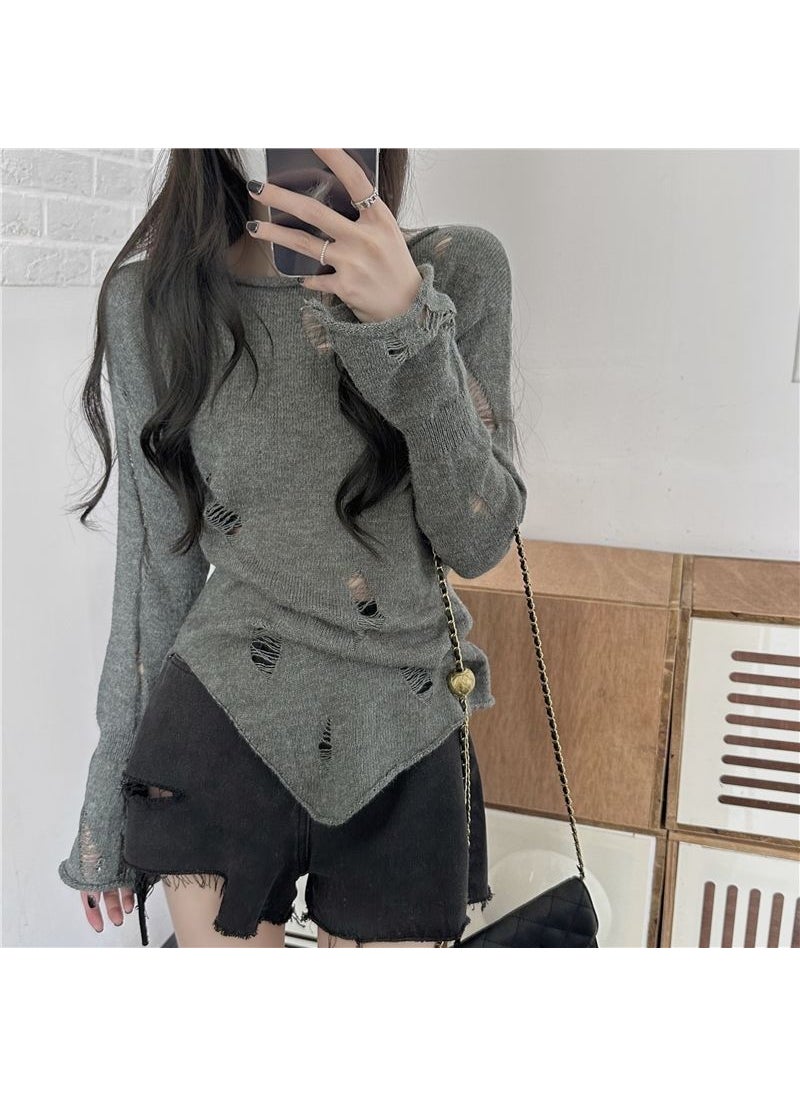 2024 Sheer Desire Cut-out Knit Top Womens Spring Slim Fit Long Sleeve Split Sweater Gray [counter quality]