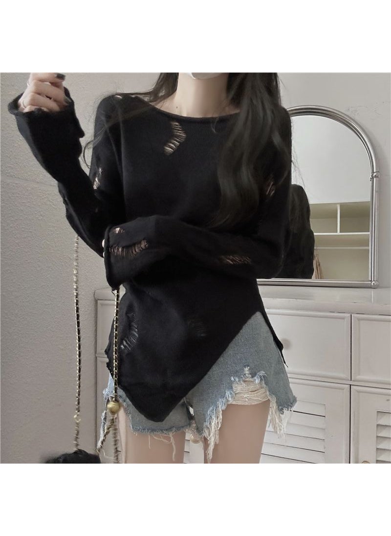 2024 Sheer Desire Cut-out Knit Top Womens Spring Slim Fit Long Sleeve Split Sweater Black [counter quality]