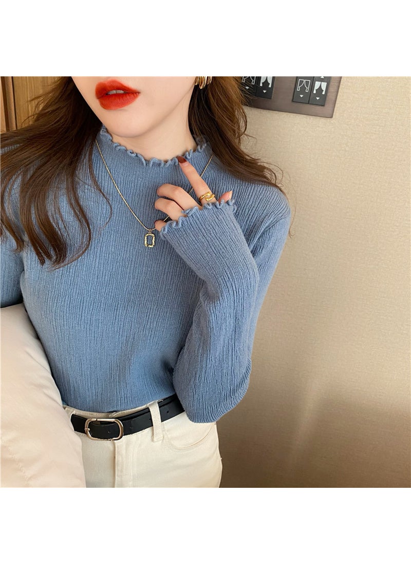 High Neck Slim Fit Ladies Knit Sweater Autumn 2024 Blue