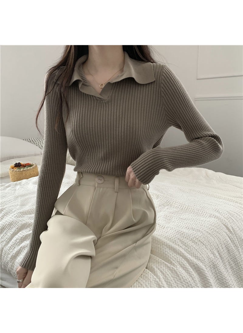 2024 Knit Polo Sweater Loose Fit for Women Khaki