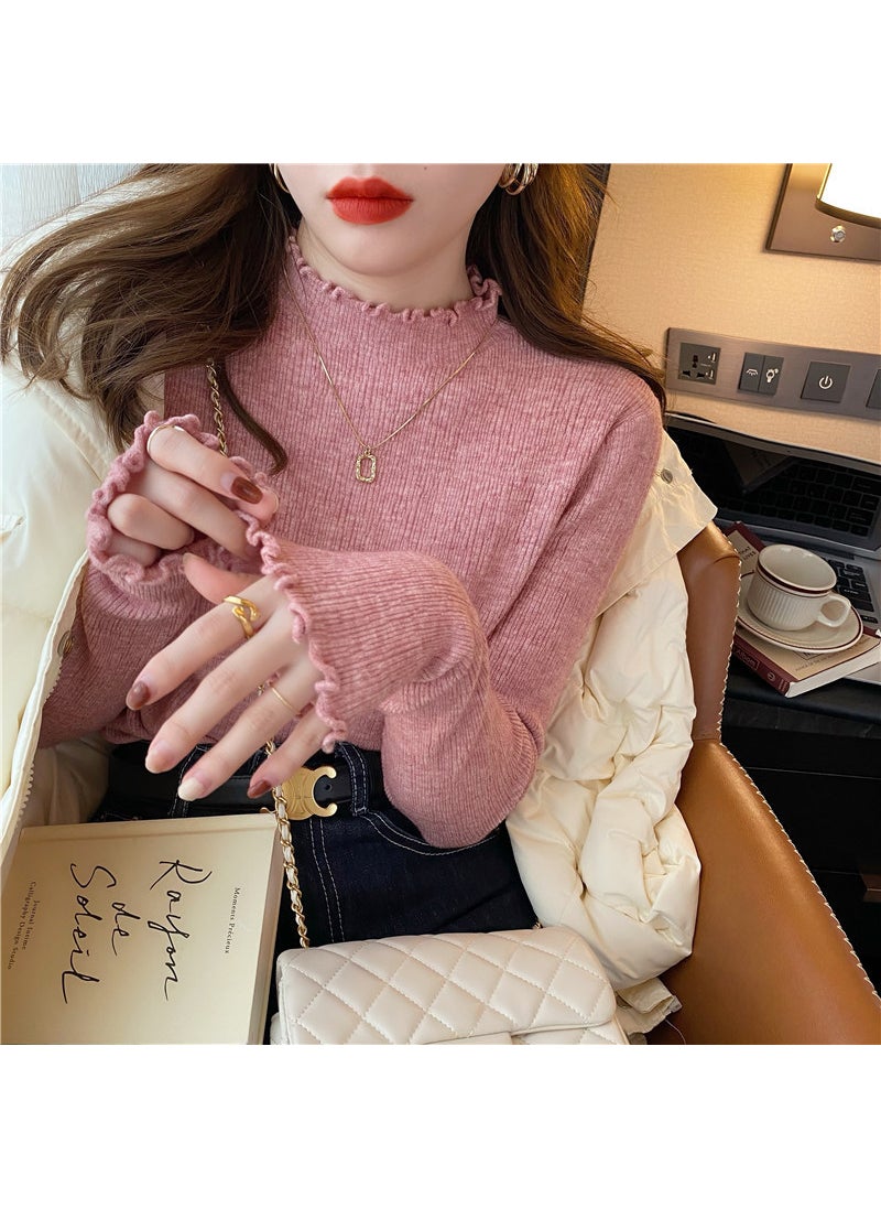 High Neck Slim Fit Ladies Knit Sweater Autumn 2024 Pink