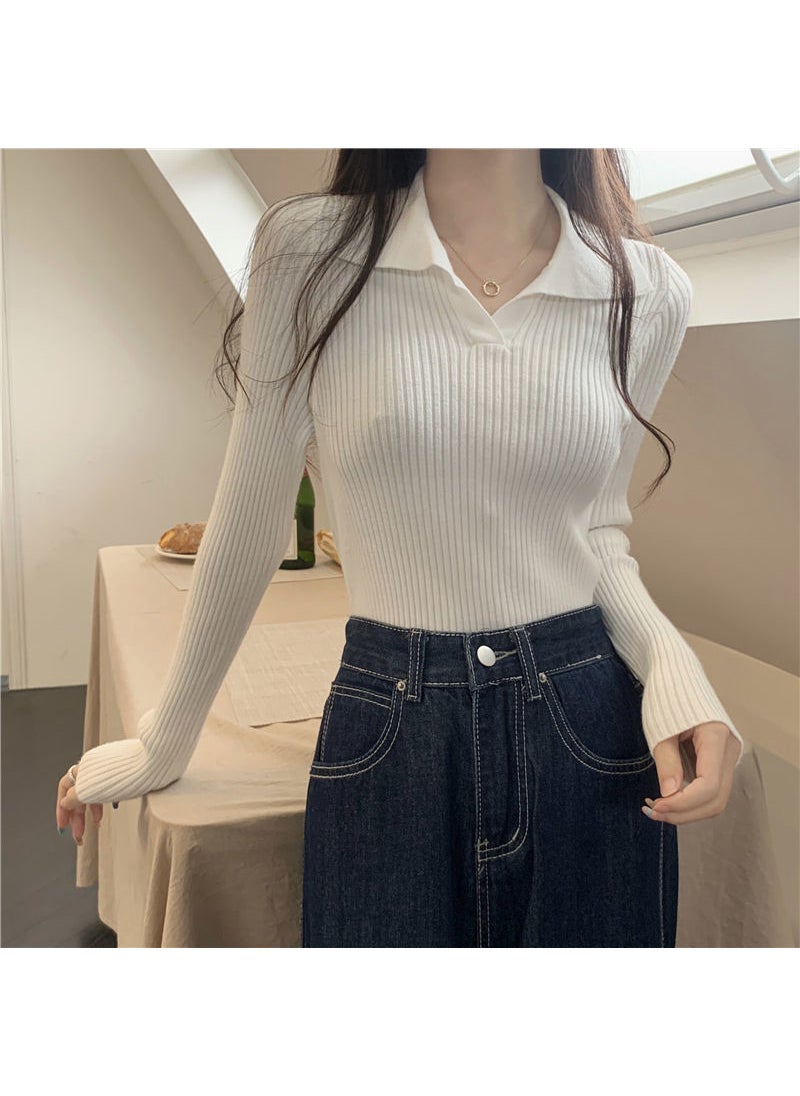 2024 Knit Polo Sweater Loose Fit for Women White