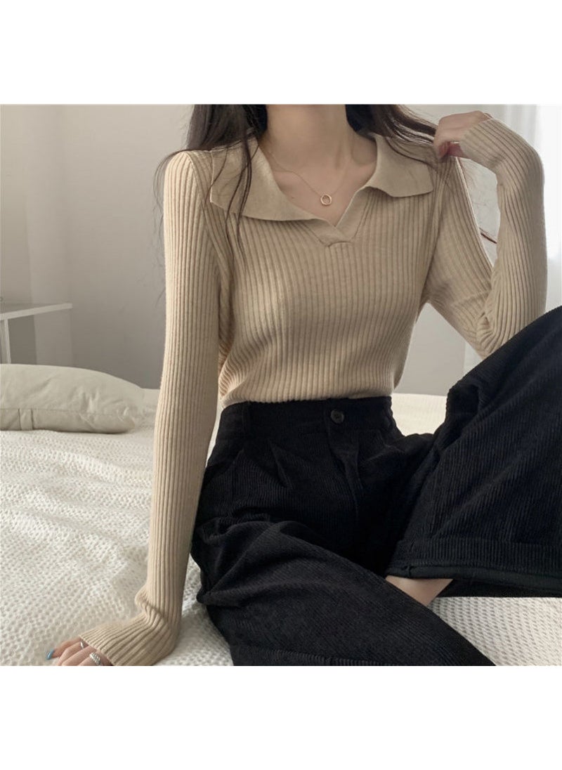 2024 Knit Polo Sweater Loose Fit for Women Apricot