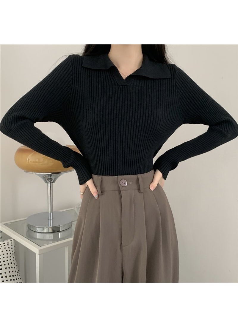 2024 Knit Polo Sweater Loose Fit for Women Black