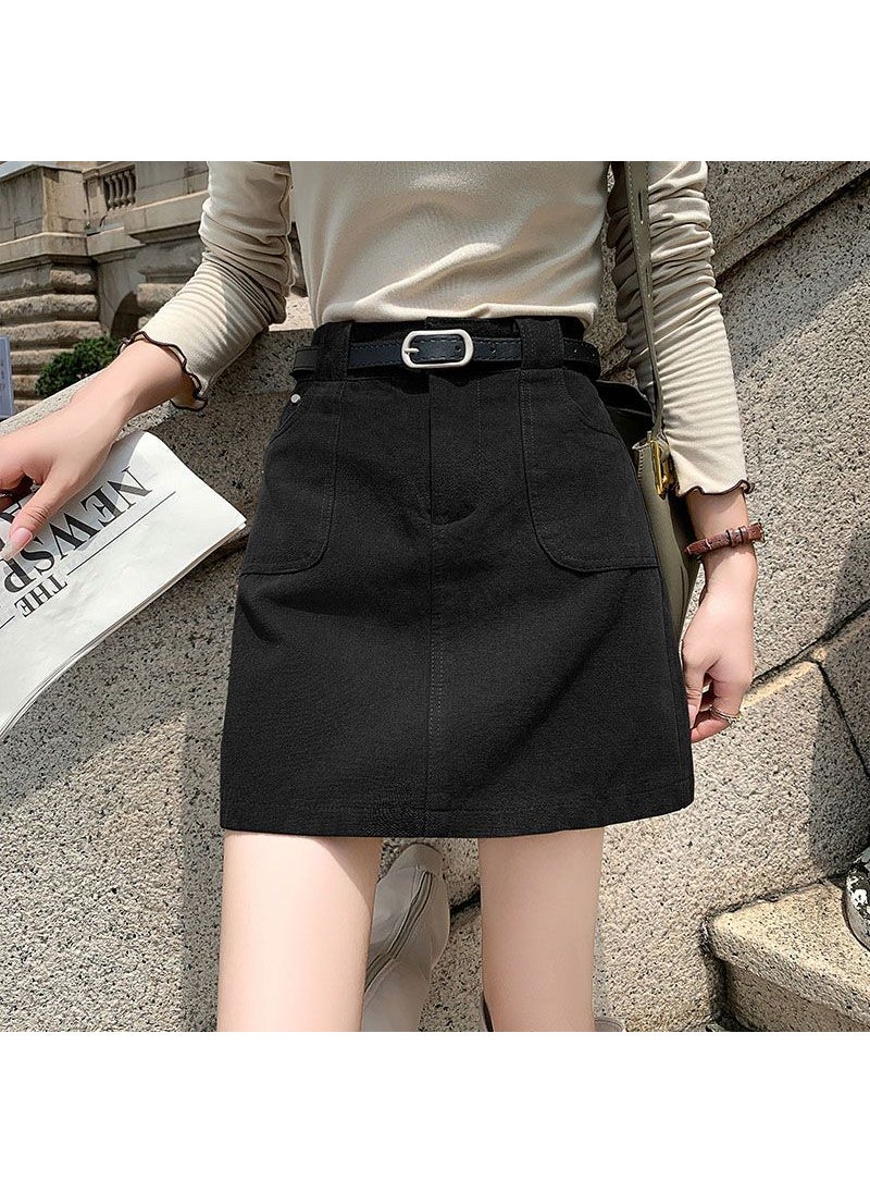 Autumn Winter Korean Fashion High Waist Slim A-line Skirt Black