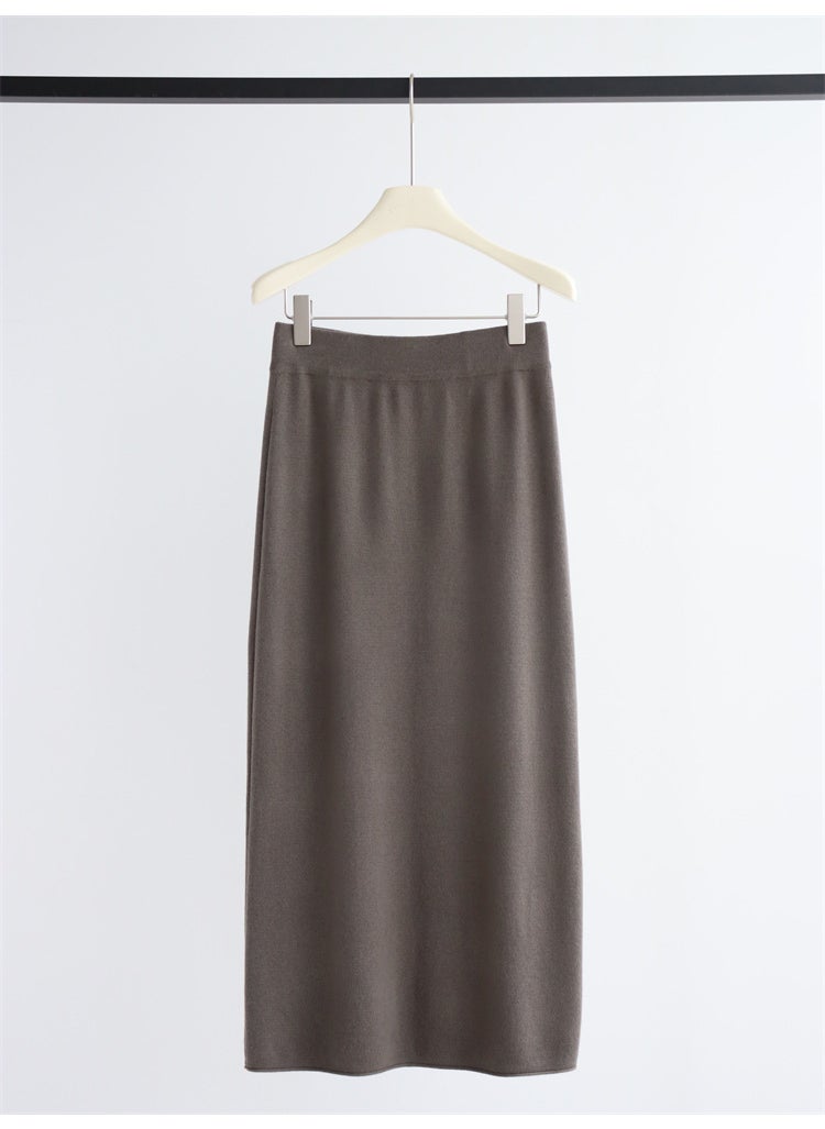 Wool Blend Knit Midi Skirt Autumn Winter Solid Color Pencil Gray