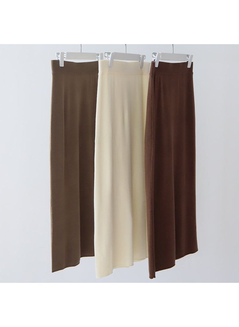 Wool Blend Knit Midi Skirt Autumn Winter Solid Color Pencil Gray