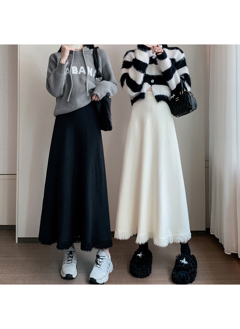 Tassel Knit Skirt Fall Winter High Waist Slim A-Line Midi Apricot