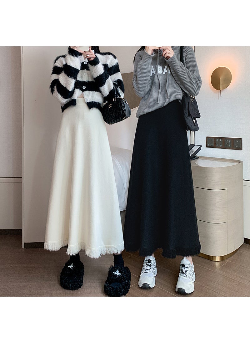 Tassel Knit Skirt Fall Winter High Waist Slim A-Line Midi Apricot