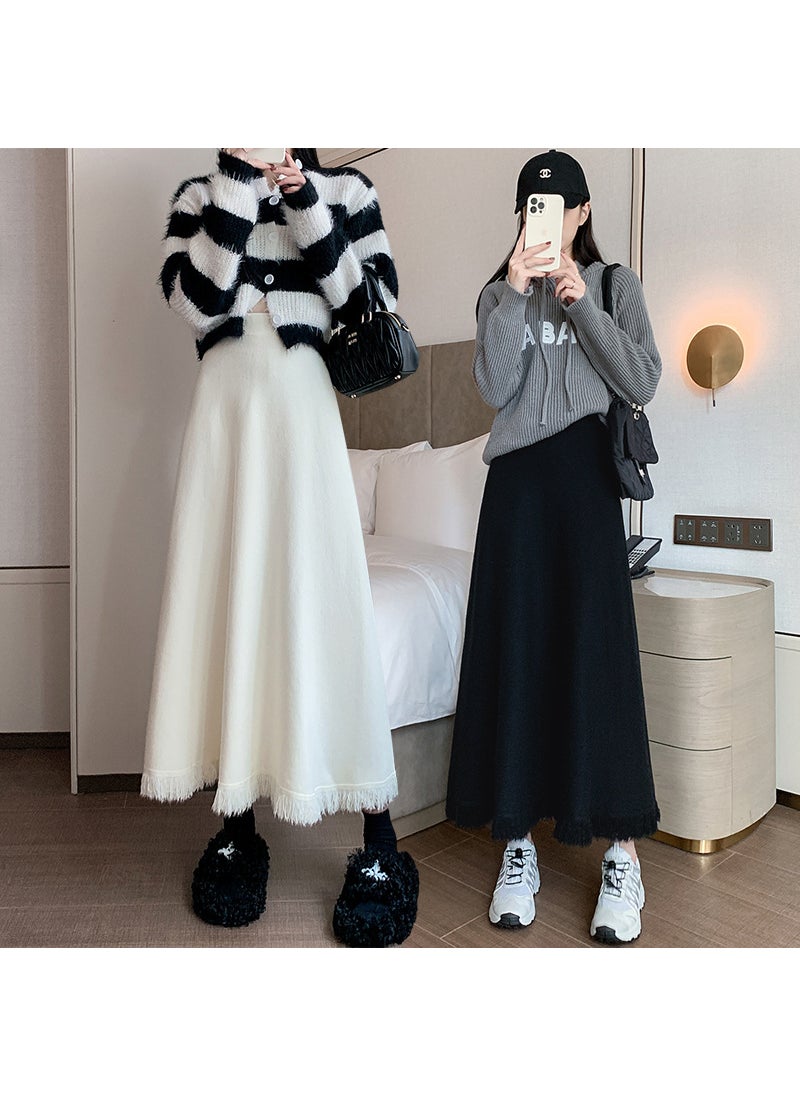 Tassel Knit Skirt Fall Winter High Waist Slim A-Line Midi Apricot