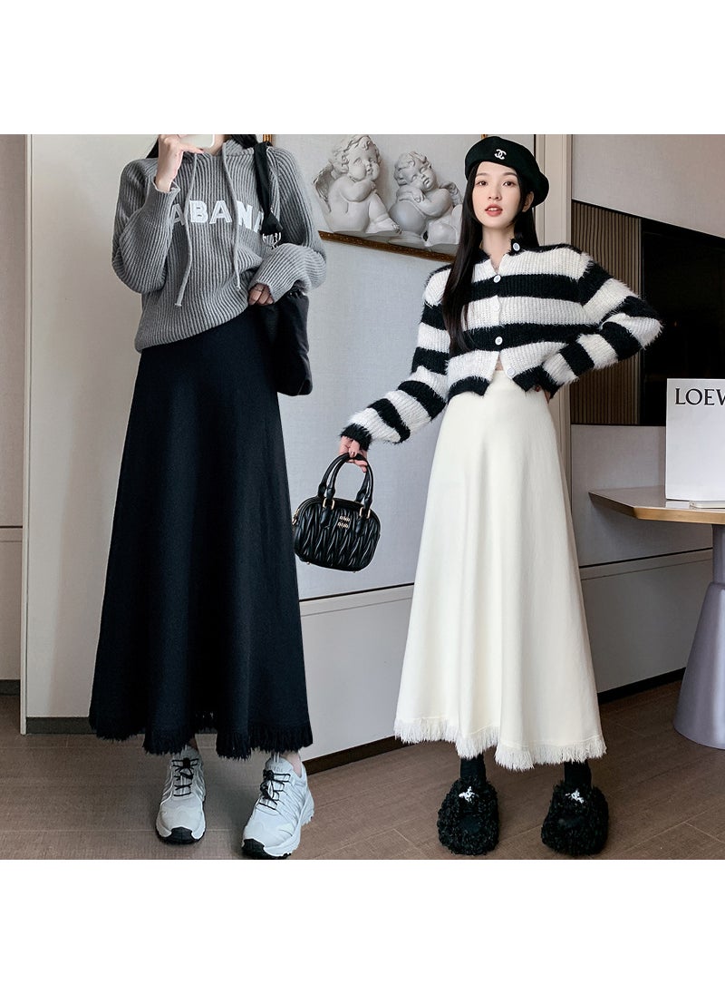 Tassel Knit Skirt Fall Winter High Waist Slim A-Line Midi Apricot