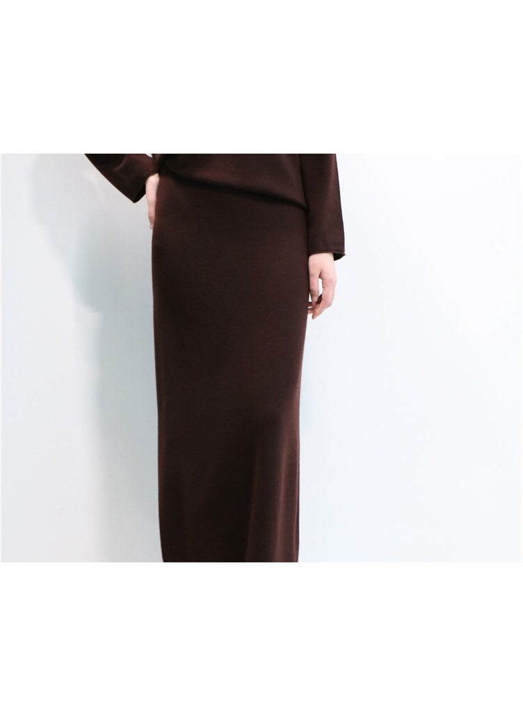 Wool Blend Knit Midi Skirt Autumn Winter Solid Color Brown red