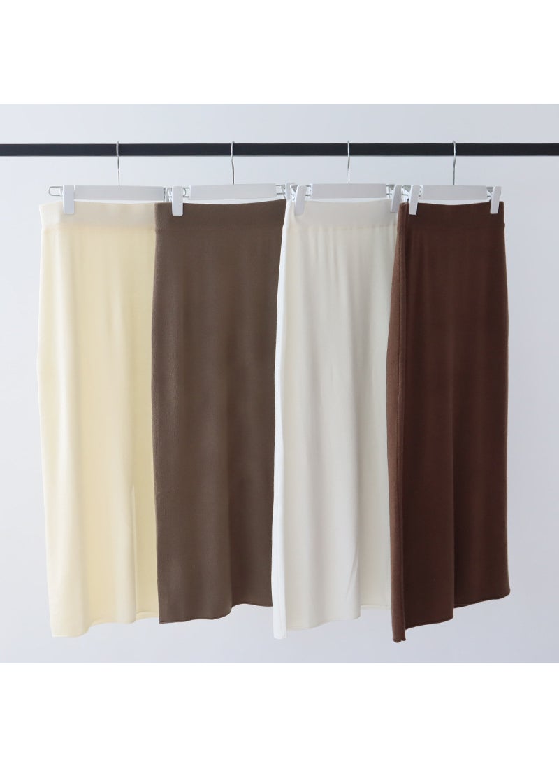 Wool Blend Knit Midi Skirt Autumn Winter Solid Color Coffee Brown