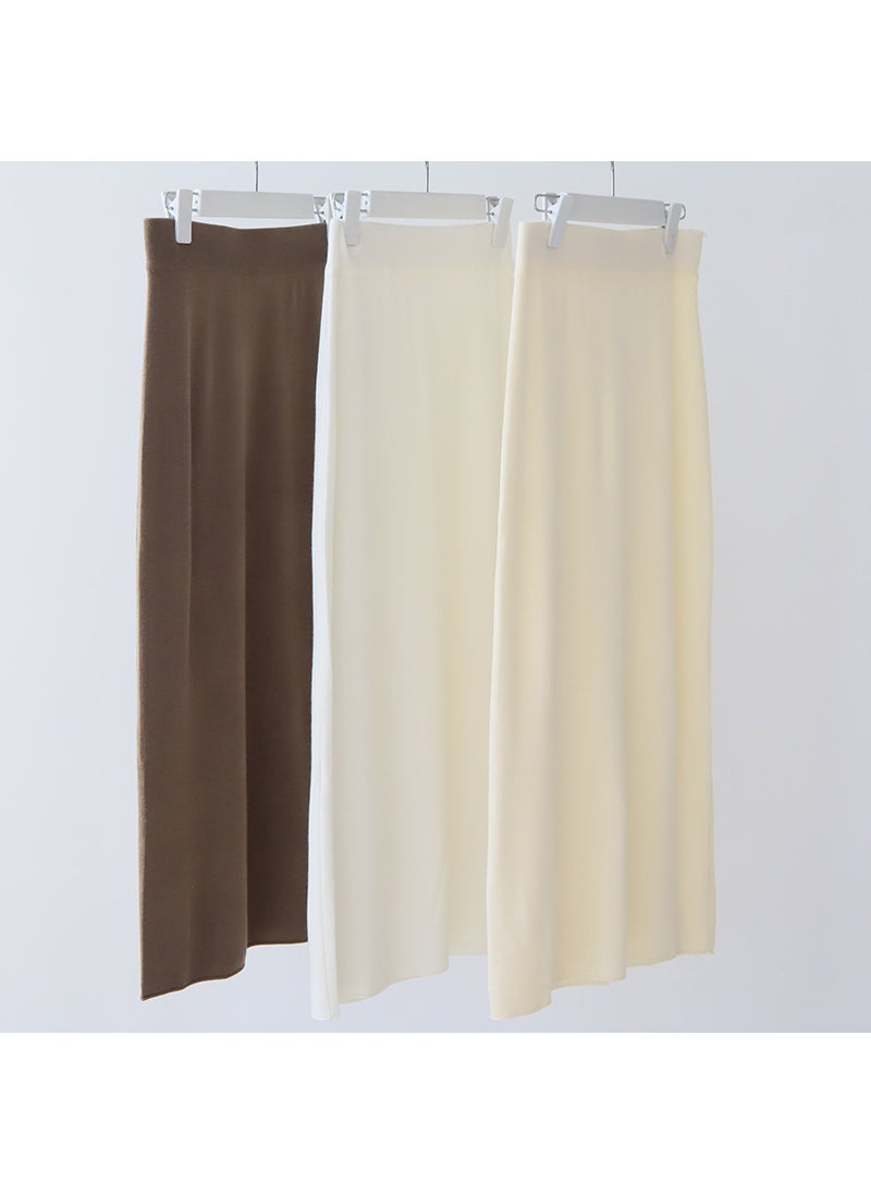 Wool Blend Knit Midi Skirt Autumn Winter Solid Color Coffee Brown