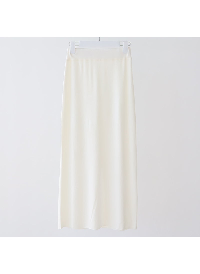 Wool Blend Knit Midi Skirt Autumn Winter Solid Color White