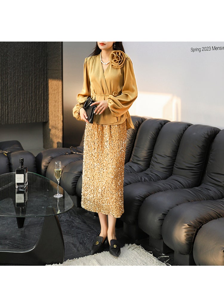 Luxurious Sequin Midi Skirt Women Split Hem Velvet Champagne