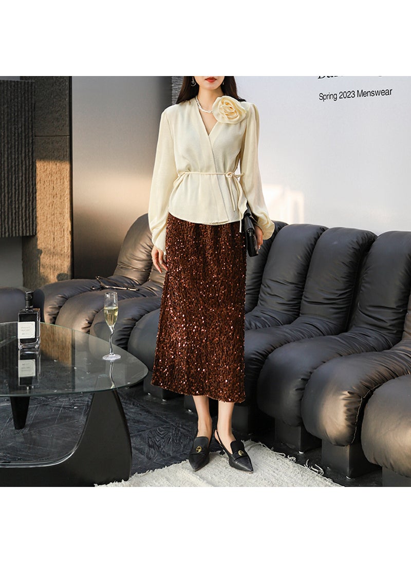 Luxurious Sequin Midi Skirt Women Split Hem Velvet Champagne