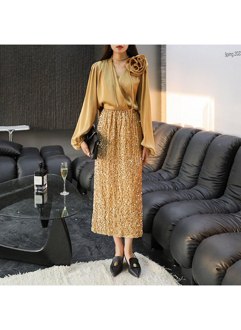 Luxurious Sequin Midi Skirt Women Split Hem Velvet Champagne