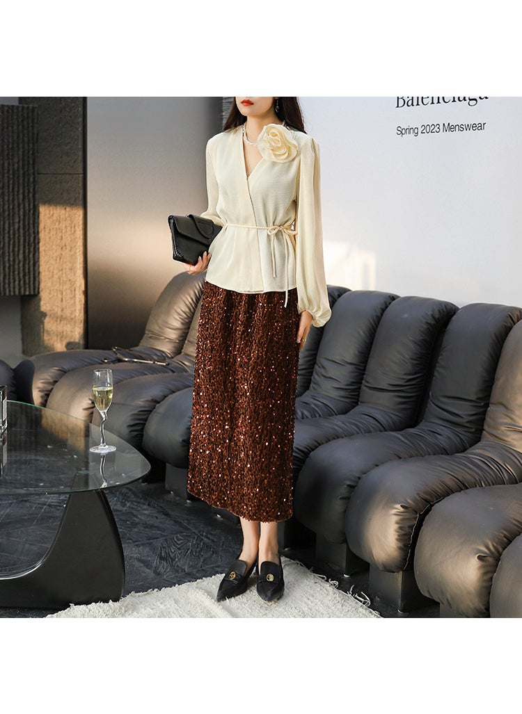 Luxurious Sequin Midi Skirt Women Split Hem Velvet Champagne