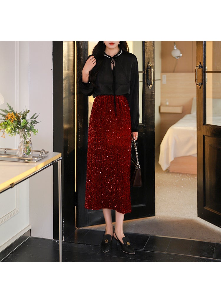 Luxurious Sequin Midi Skirt Women Split Hem Velvet Wine red