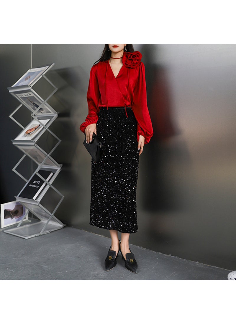 Luxurious Sequin Midi Skirt Women Split Hem Velvet Wine red