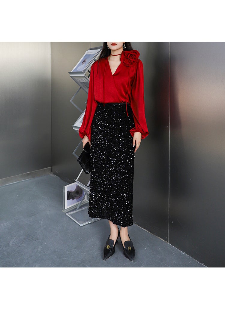 Luxurious Sequin Midi Skirt Women Split Hem Velvet Wine red