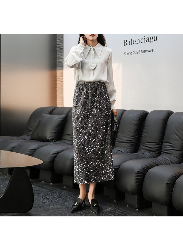 Luxurious Sequin Midi Skirt Women Split Hem Velvet Silver Gray