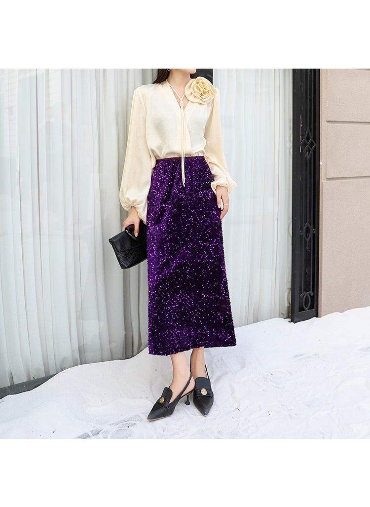 Luxurious Sequin Midi Skirt Women Split Hem Velvet Purple