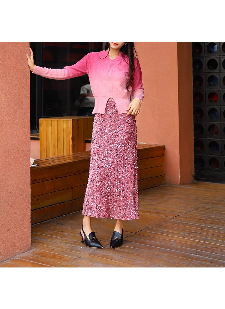 Luxurious Sequin Midi Skirt Women Split Hem Velvet Pink