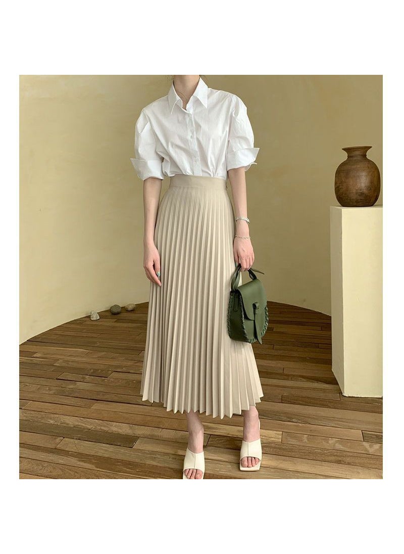 New Pleated Midi Skirt Summer A-Line Lightweight White Elegant Spring Fall Caramel