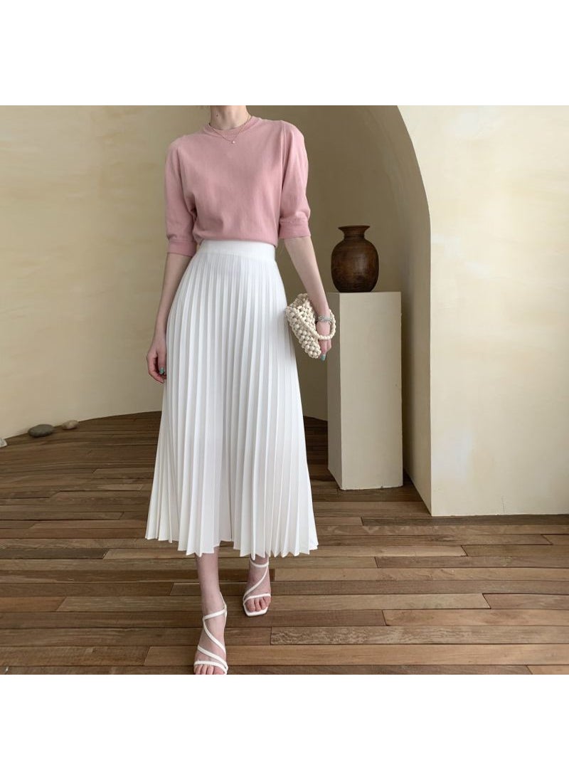 New Pleated Midi Skirt Summer A-Line Lightweight White Elegant Spring Fall Gentle Beige