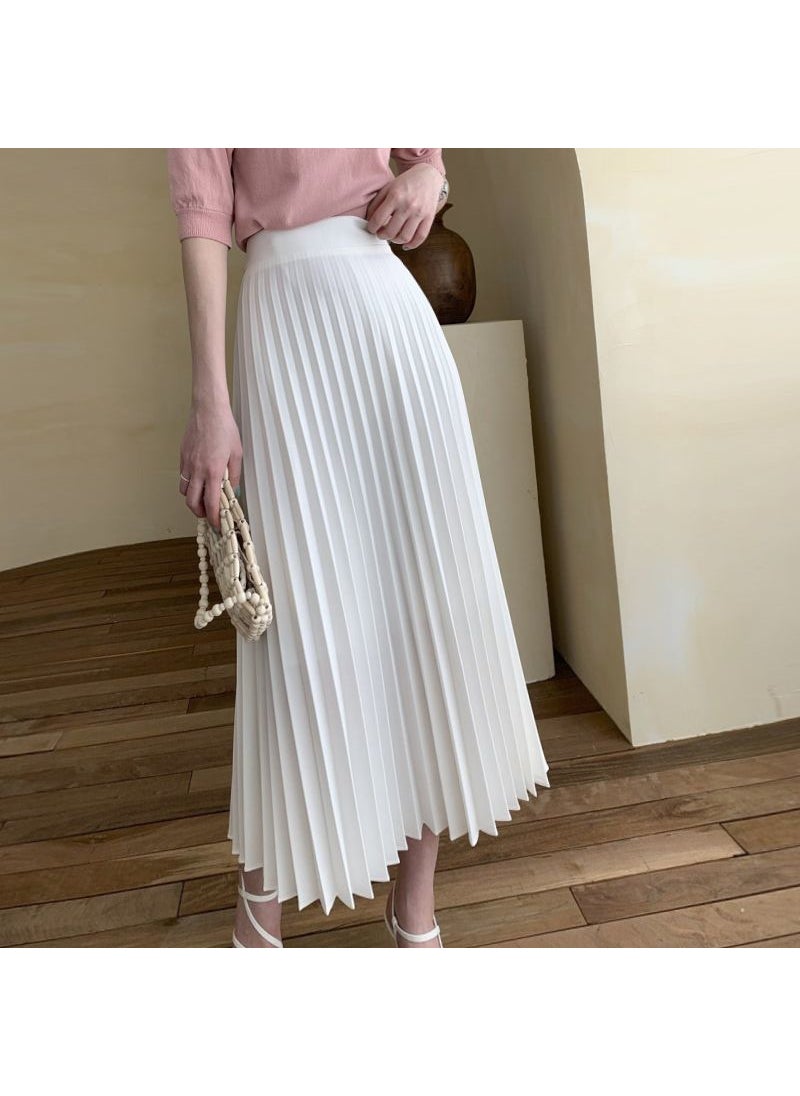 New Pleated Midi Skirt Summer A-Line Lightweight White Elegant Spring Fall Gentle Beige