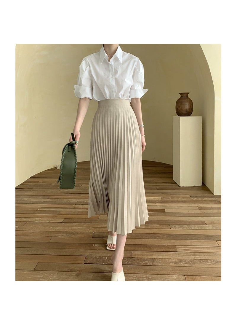 New Pleated Midi Skirt Summer A-Line Lightweight White Elegant Spring Fall Gentle Beige