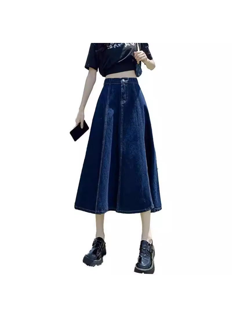 2024 Vintage High Waist Denim Skirt Midi A-line Slimming Dark blue