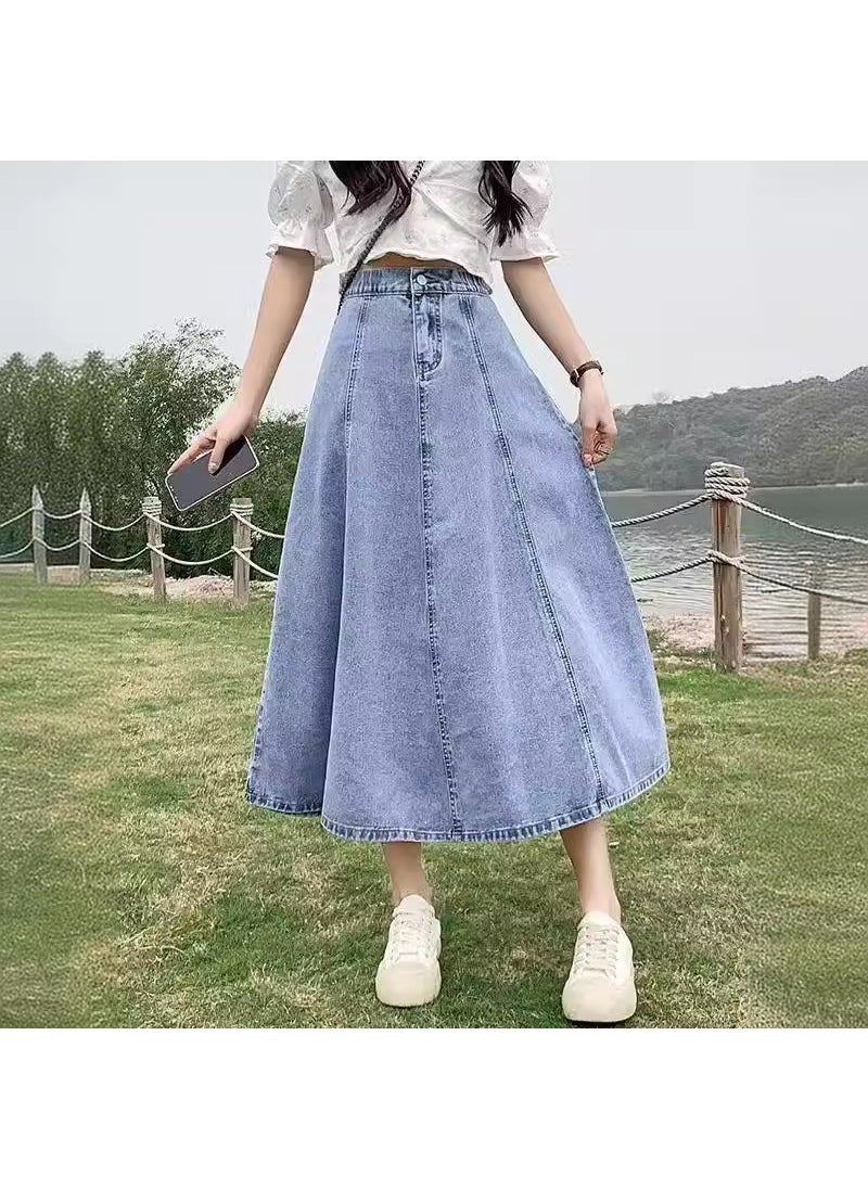 2024 Vintage High Waist Denim Skirt Midi A-line Slimming Dark blue