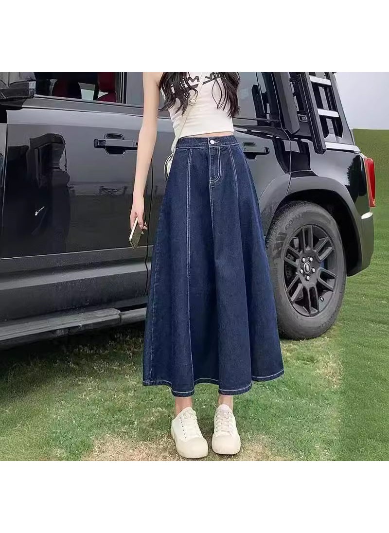 2024 Vintage High Waist Denim Skirt Midi A-line Slimming Dark blue