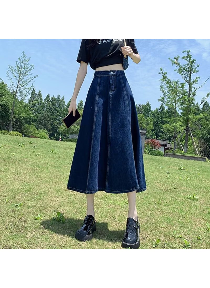 2024 Vintage High Waist Denim Skirt Midi A-line Slimming Dark blue