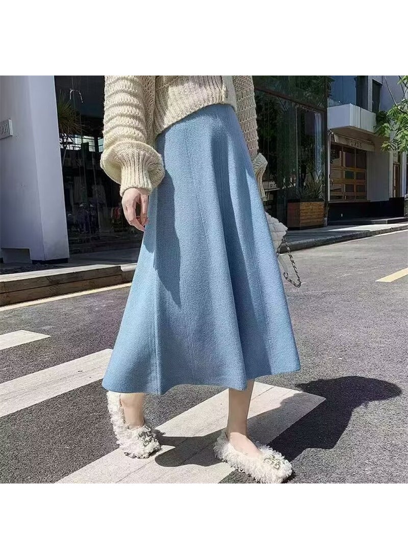 Knitted Midi Skirt A-Line Slimming Autumn Winter Blue