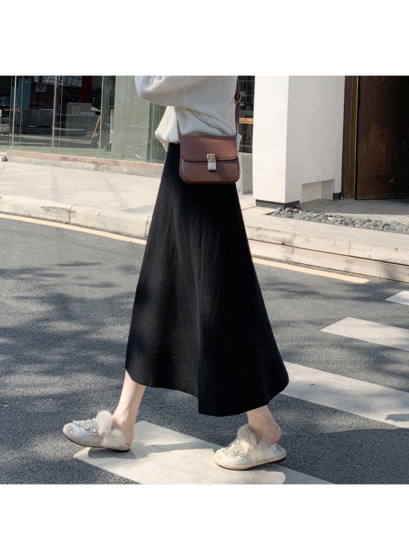 Knitted Midi Skirt A-Line Slimming Autumn Winter Khaki