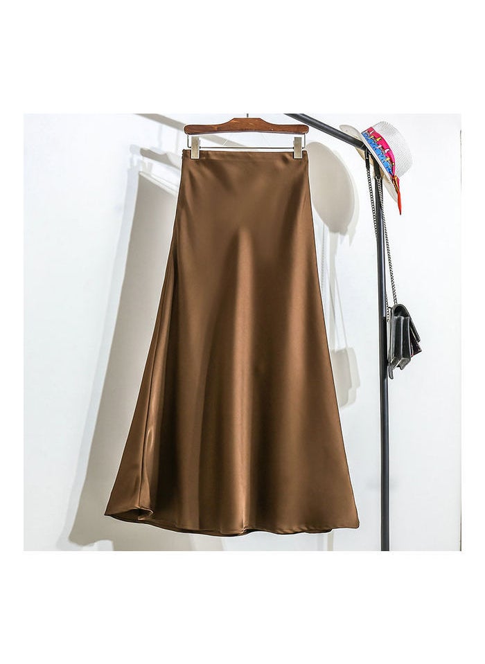 Black Satin Midi A-Line Skirt Women Summer New Elastic Waist Brown