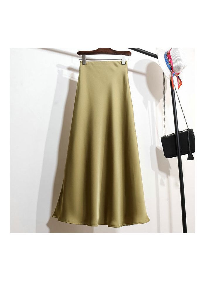 Black Satin Midi A-Line Skirt Women Summer New Elastic Waist mustard yellow