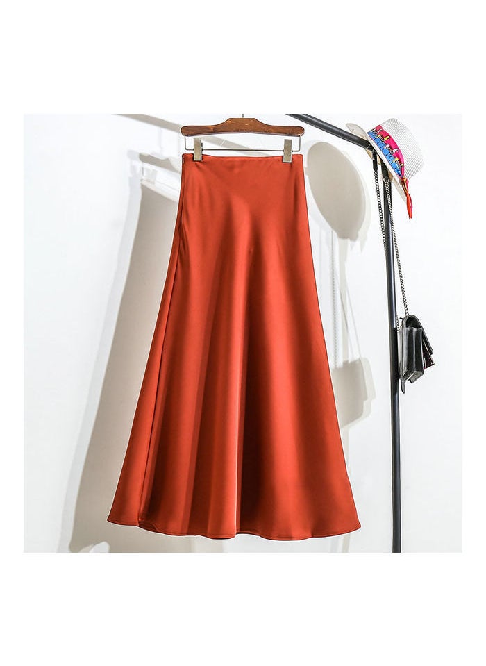 Black Satin Midi A-Line Skirt Women Summer New Elastic Waist orange red