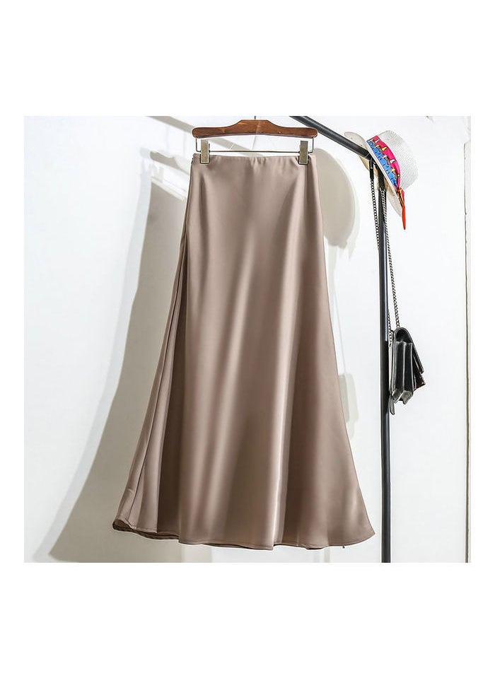 Black Satin Midi A-Line Skirt Women Summer New Elastic Waist Deep Champagne