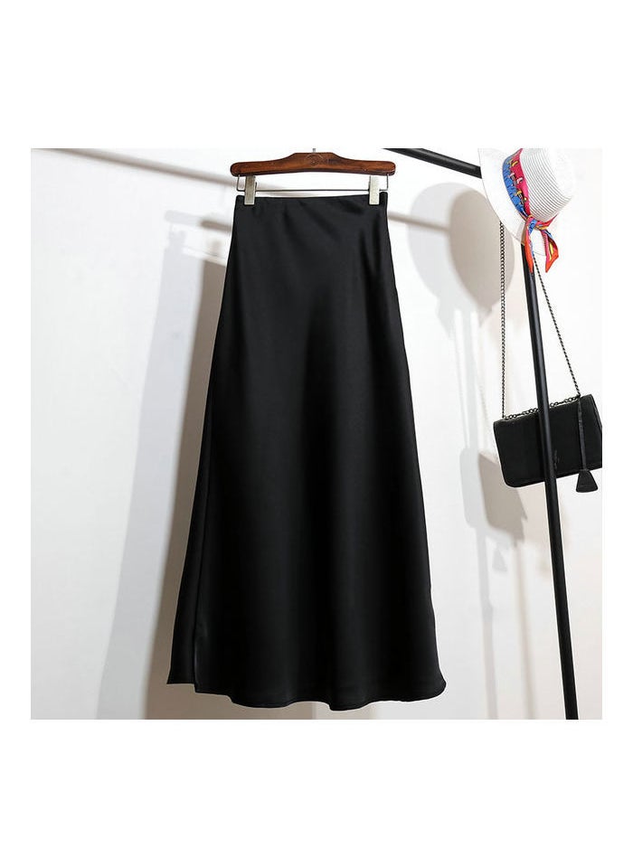 Black Satin Midi A-Line Skirt Women Summer New Elastic Waist Black