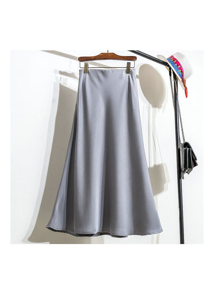 Black Satin Midi A-Line Skirt Women Summer New Elastic Waist Grey