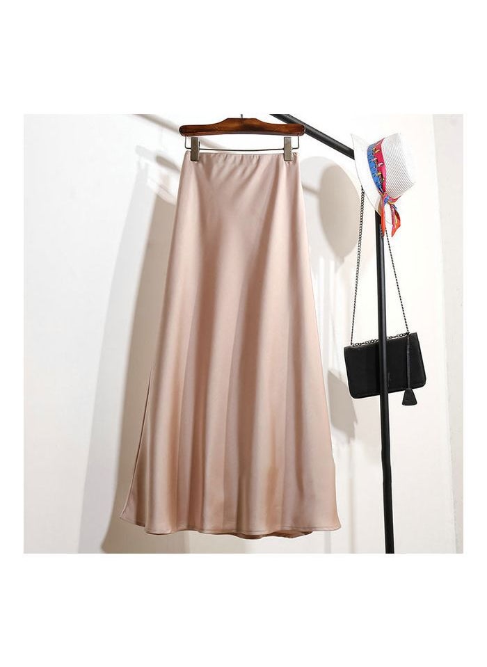 Black Satin Midi A-Line Skirt Women Summer New Elastic Waist Naked Pink